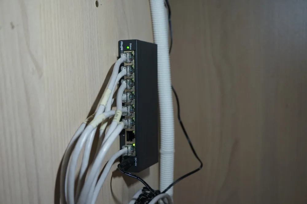 Network switch with labelled LAN cables