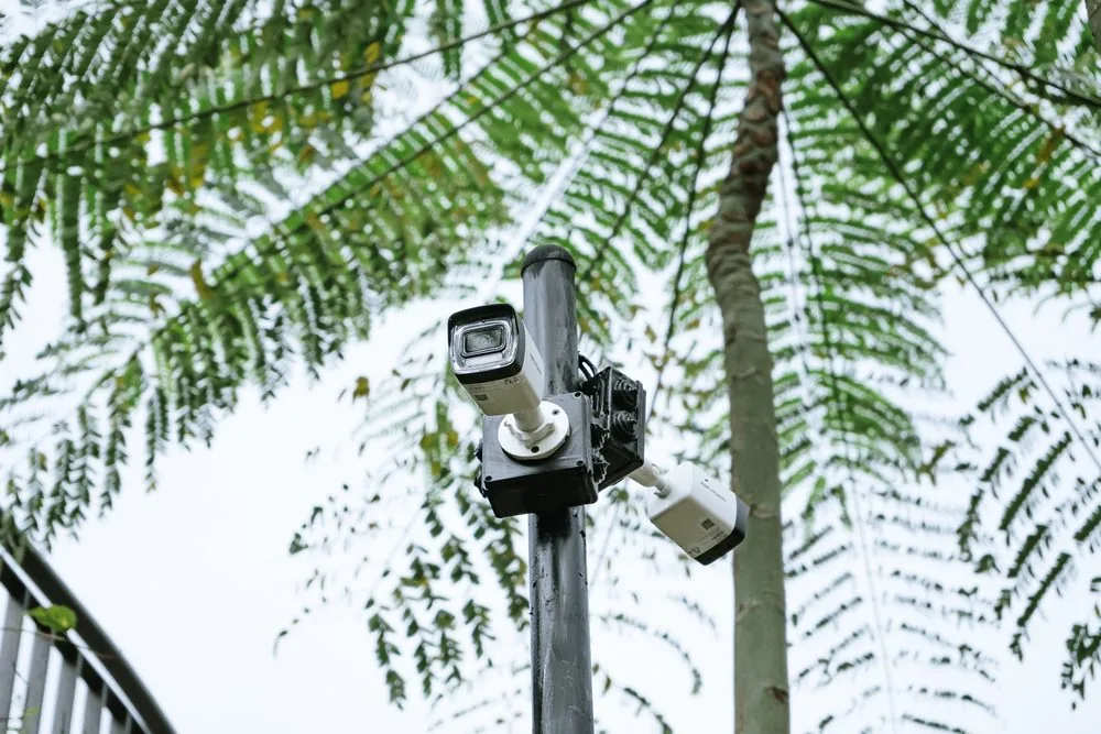 Outdoor CCTV camera on a pole with a wide view