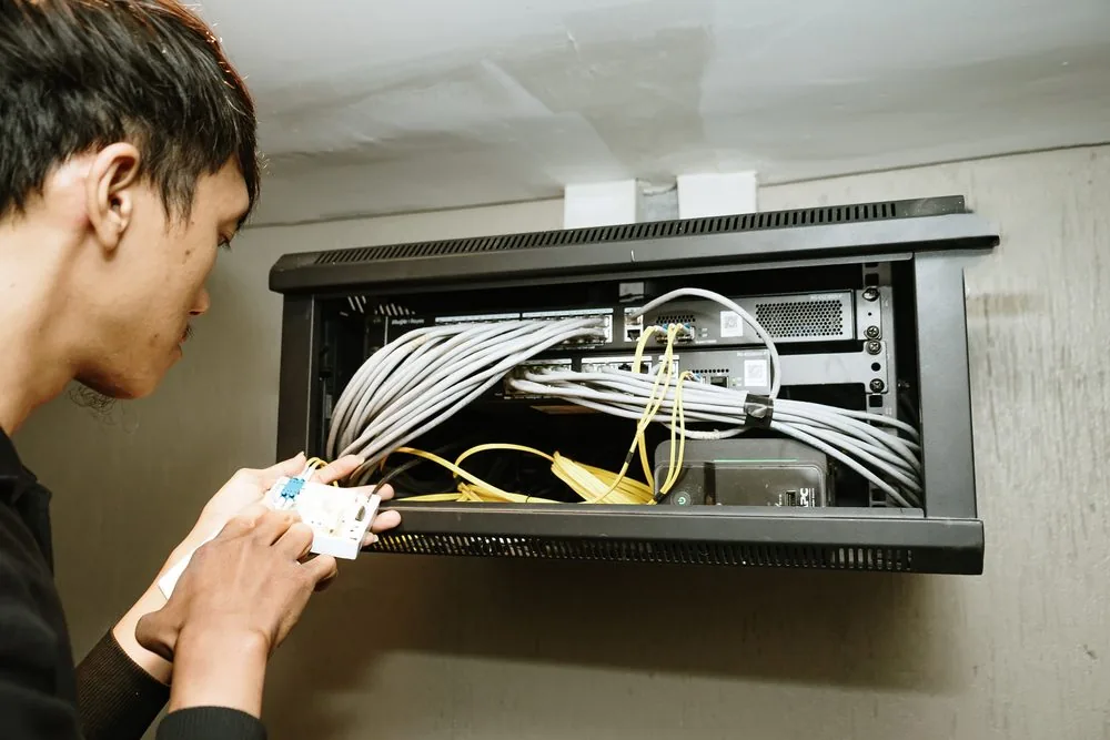 Cable management on the wall-mount rack at the resort